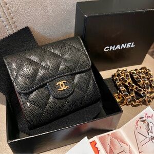 Chanel Black Caviar Leather Wallet with Gold Chain